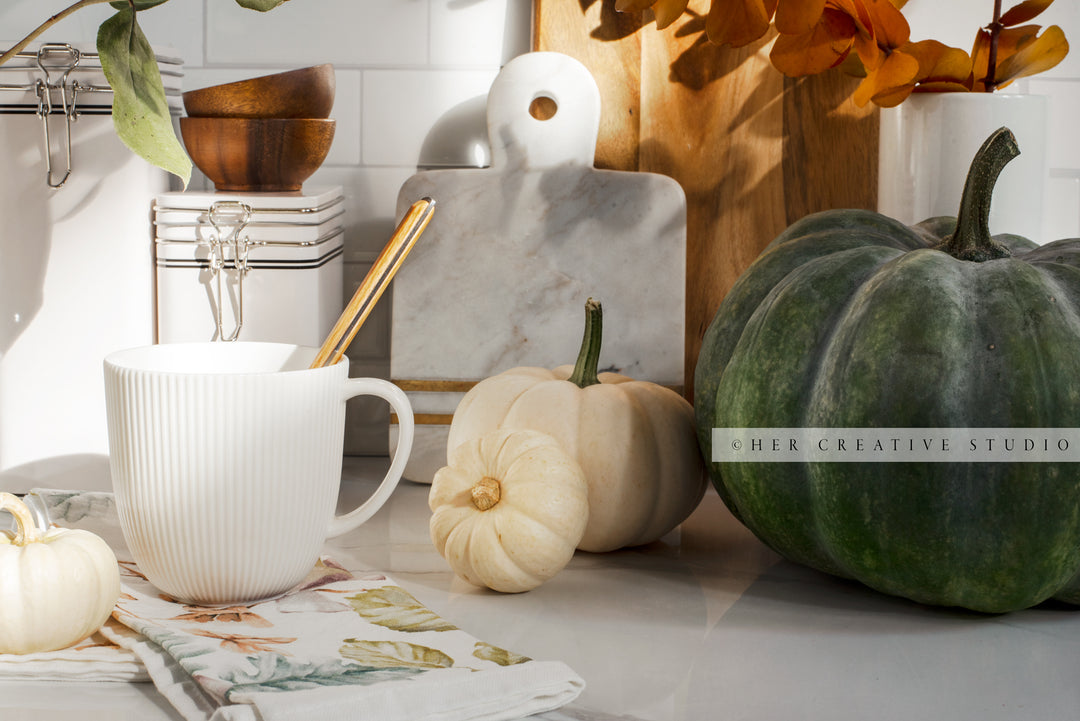 Coffee & Pumpkins in Sunshine Kitchen. Digital Stock Image.