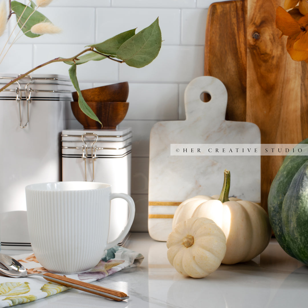 Tea & Pumpkins in Kitchen. Digital Stock Image.