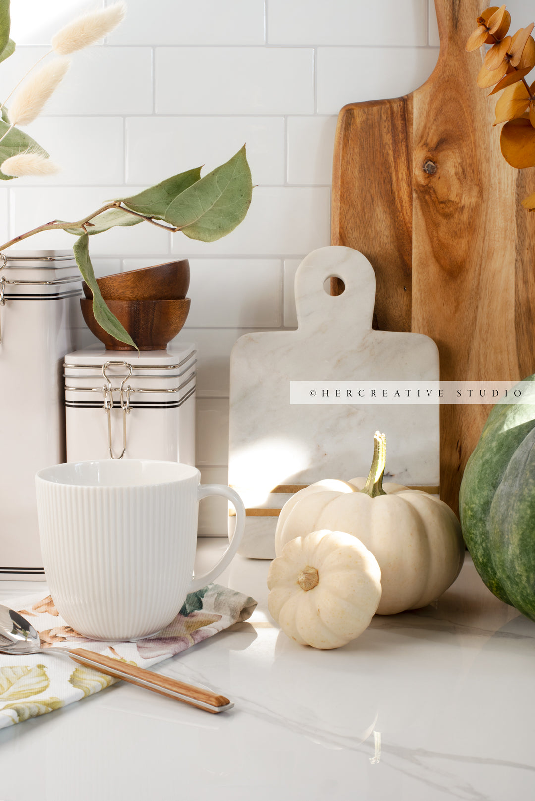 Tea & Fall Pumpkins in Kitchen 3. Digital Stock Image.