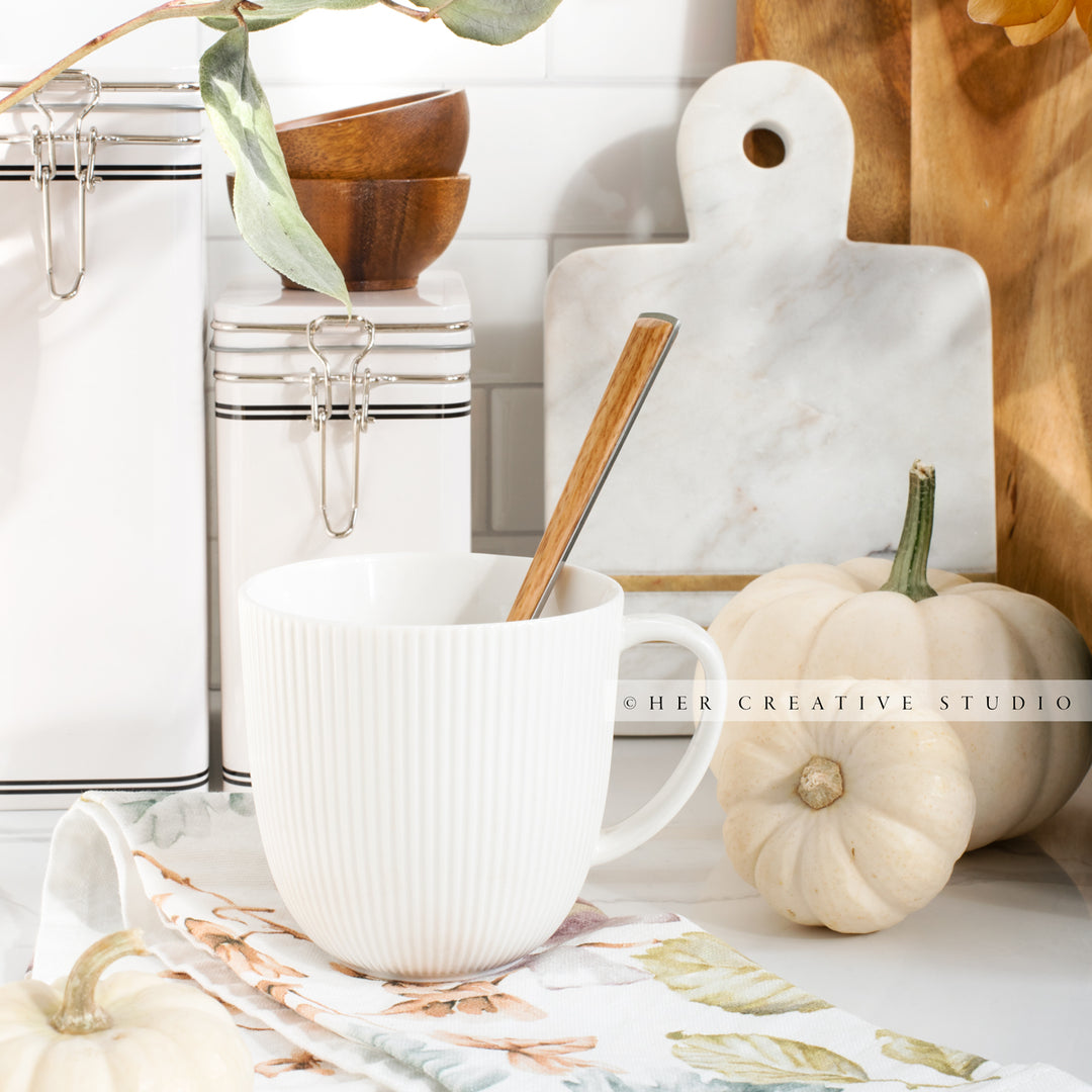 Coffee & Pumpkins in Kitchen. Digital Stock Image.