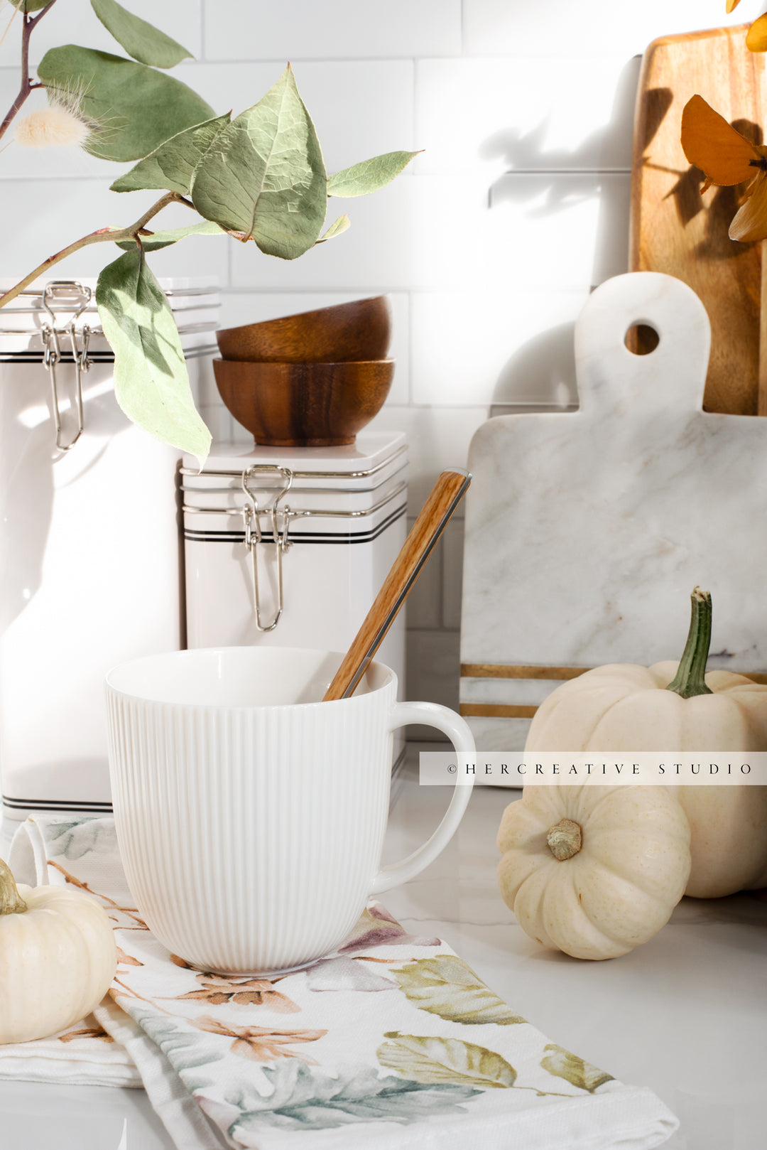 Tea & Fall Pumpkins in Kitchen 2. Digital Stock Image.