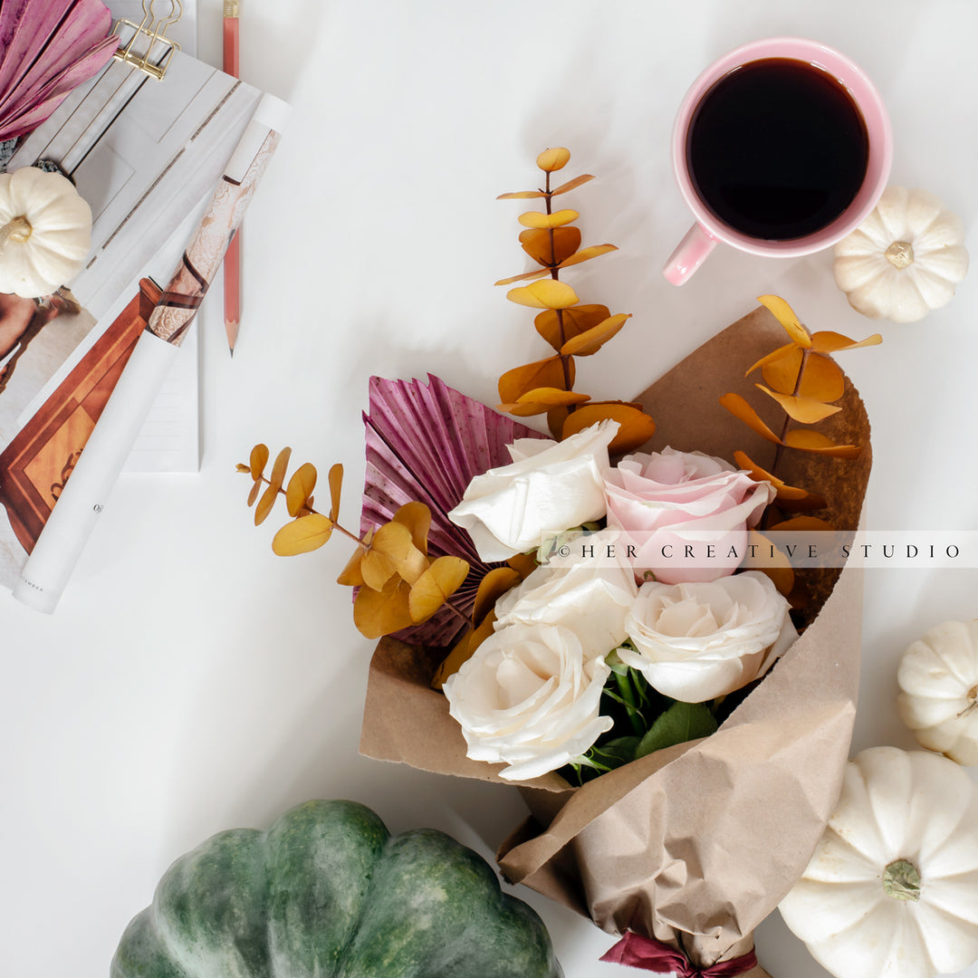 Pumpkins, Coffee & Bouquet of Flowers. Digital Stock Image.