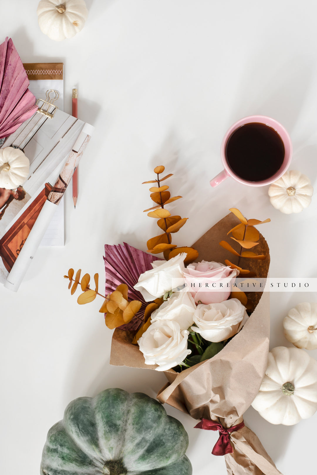 Coffee, Pumpkins & Bouquet of Fall Flowers. Digital Stock Image.