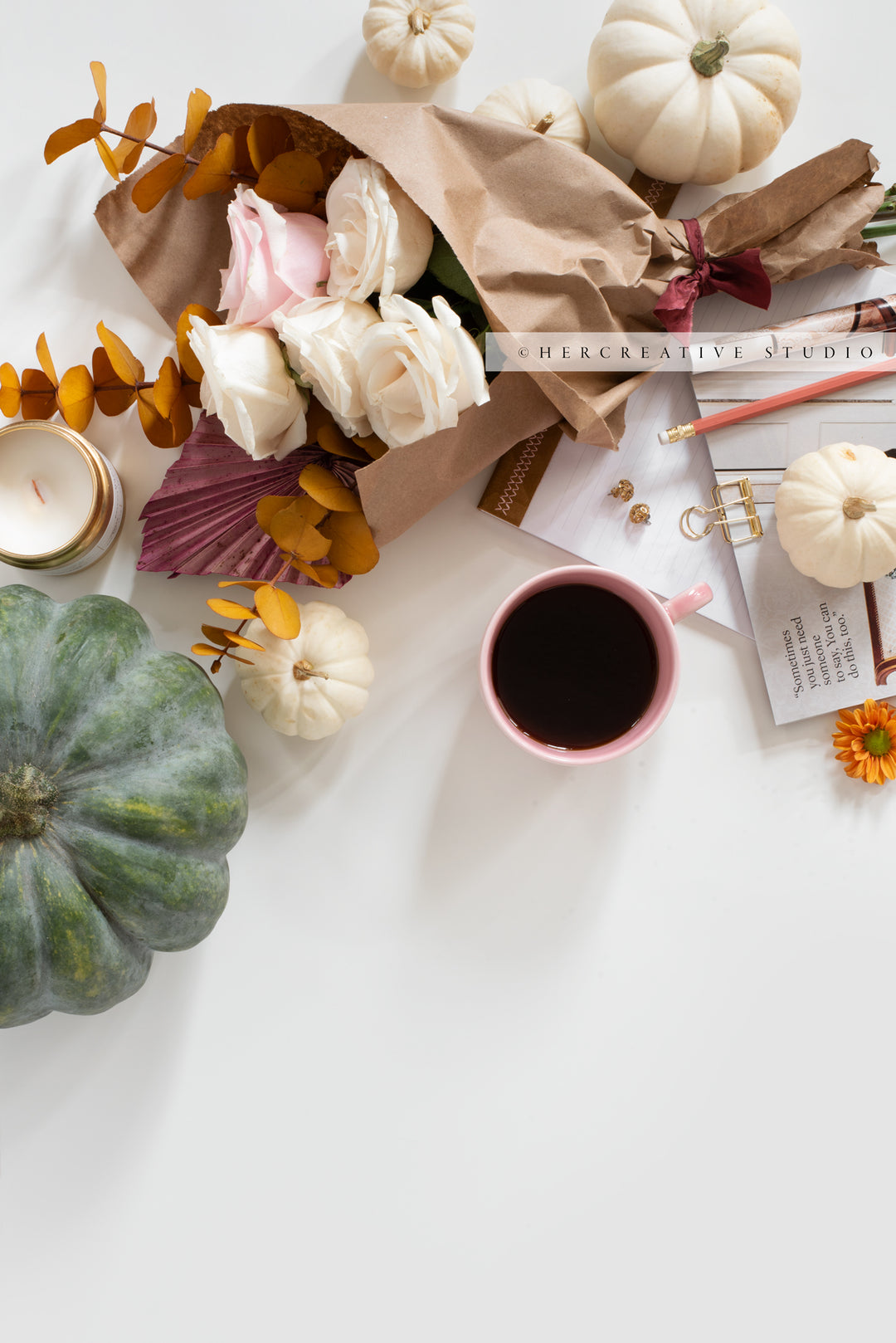 Coffee, Fall Pumpkins & Bouquet of Flowers 2. Digital Stock Image.