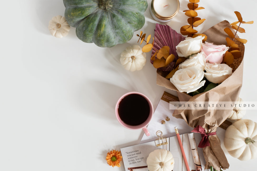 Coffee, Green Pumpkin & Bouquet of Flowers 2. Digital Stock Image.