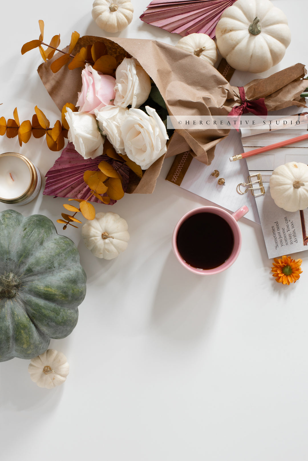 Coffee, Fall Pumpkins & Bouquet of Flowers. Digital Stock Image.