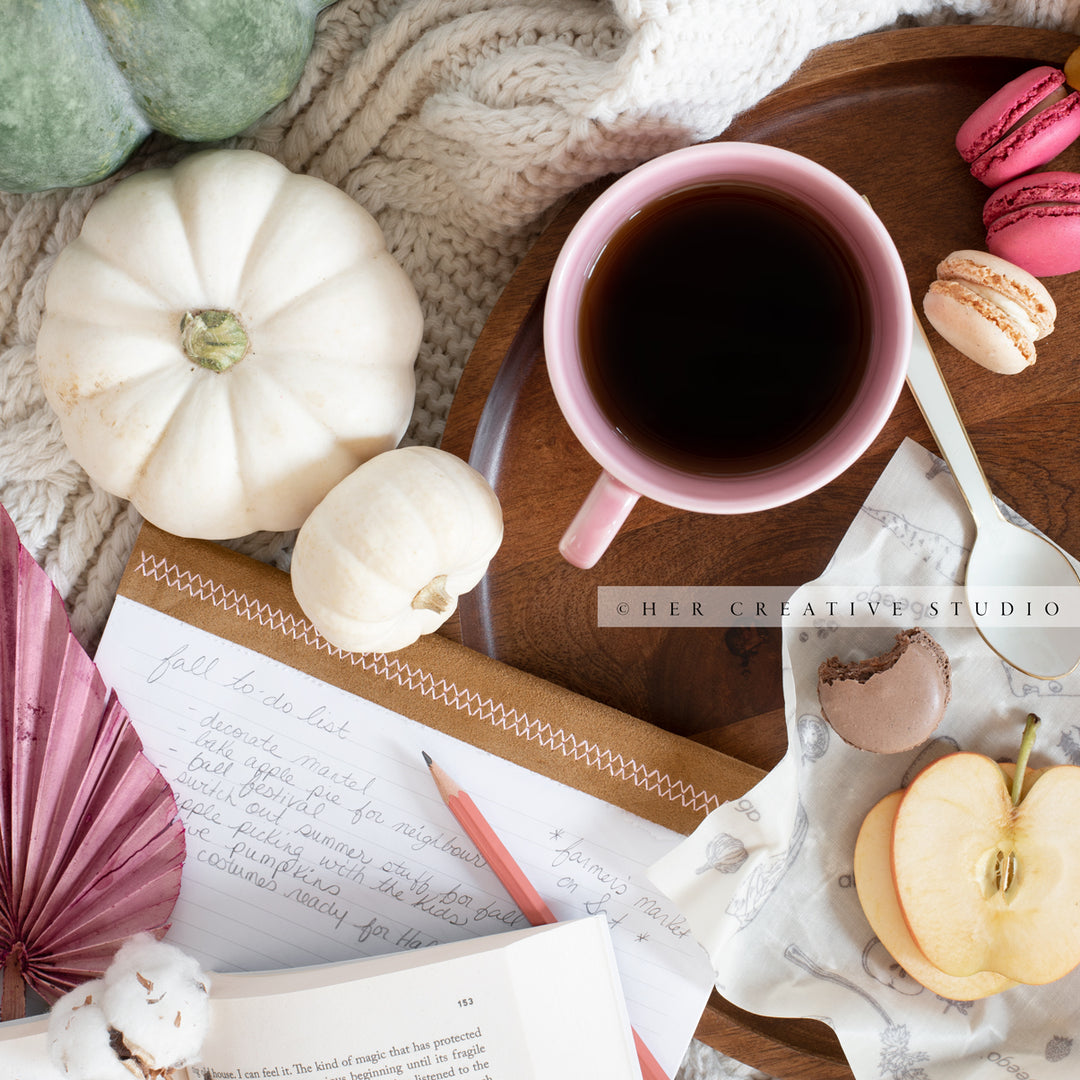 Pumpkins, Coffee & Apples. Digital Stock Image.