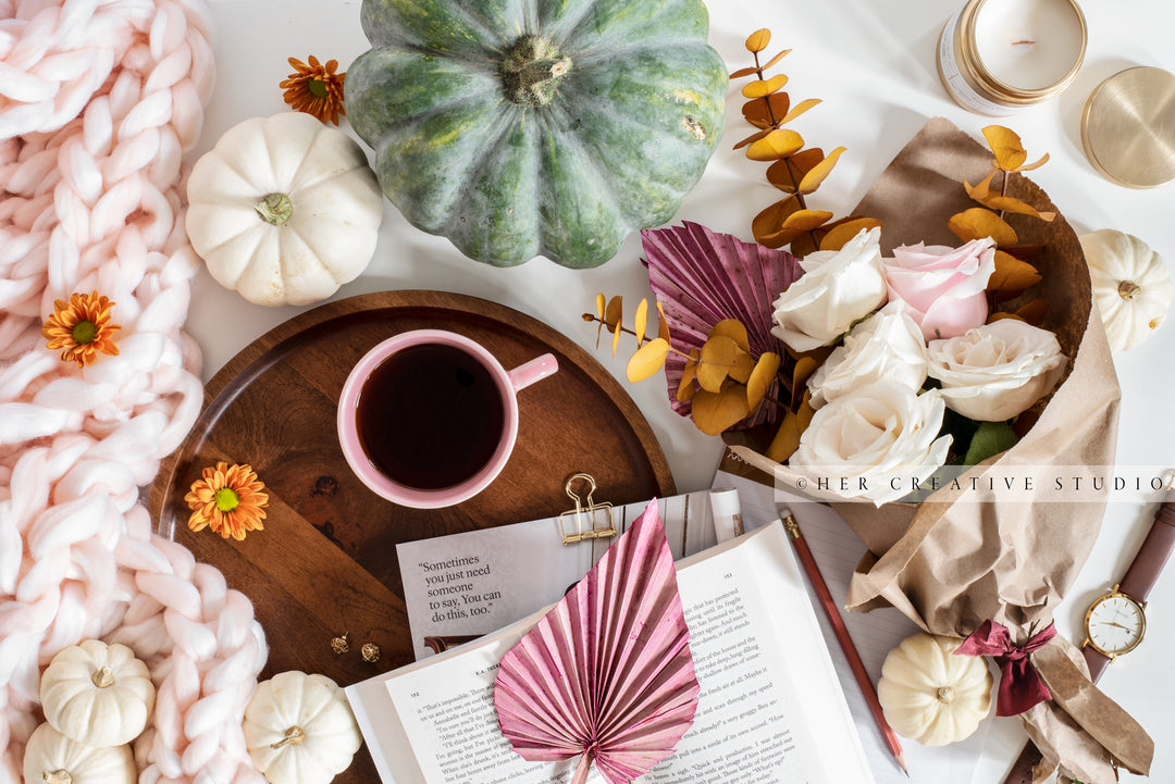 Coffee, Flowers, Candle & Fall Pumpkins. Digital Stock Image.