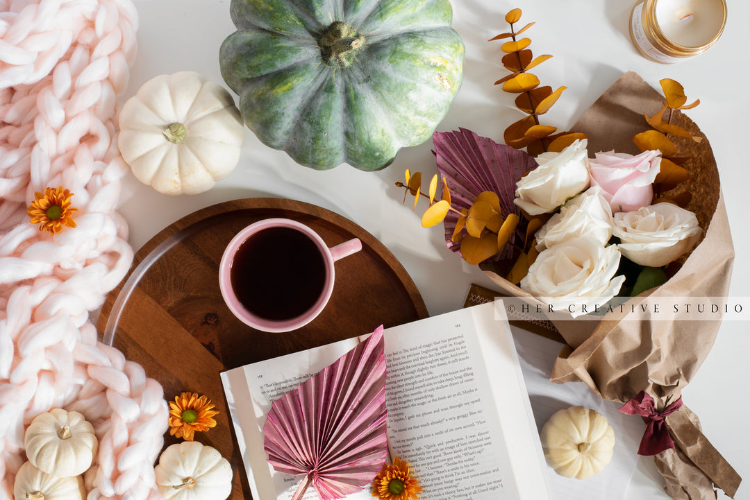 Coffee, Flowers & Fall Pumpkins. Digital Stock Image.