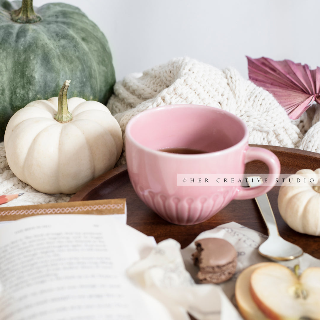 Pink Coffee Cup with Pumpkins. Digital Stock Image.