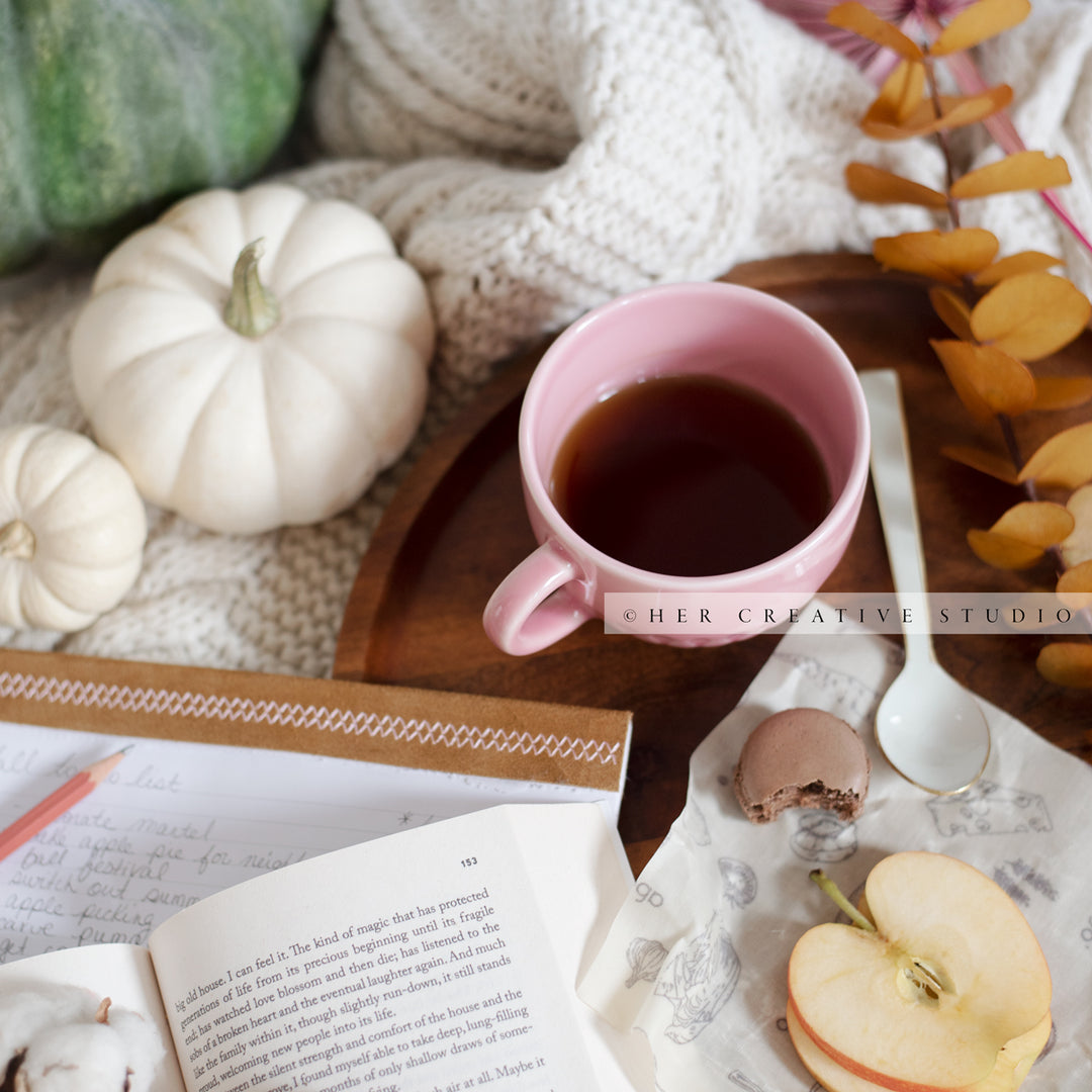 Coffee, White Pumpkins & Apples. Digital Stock Image.