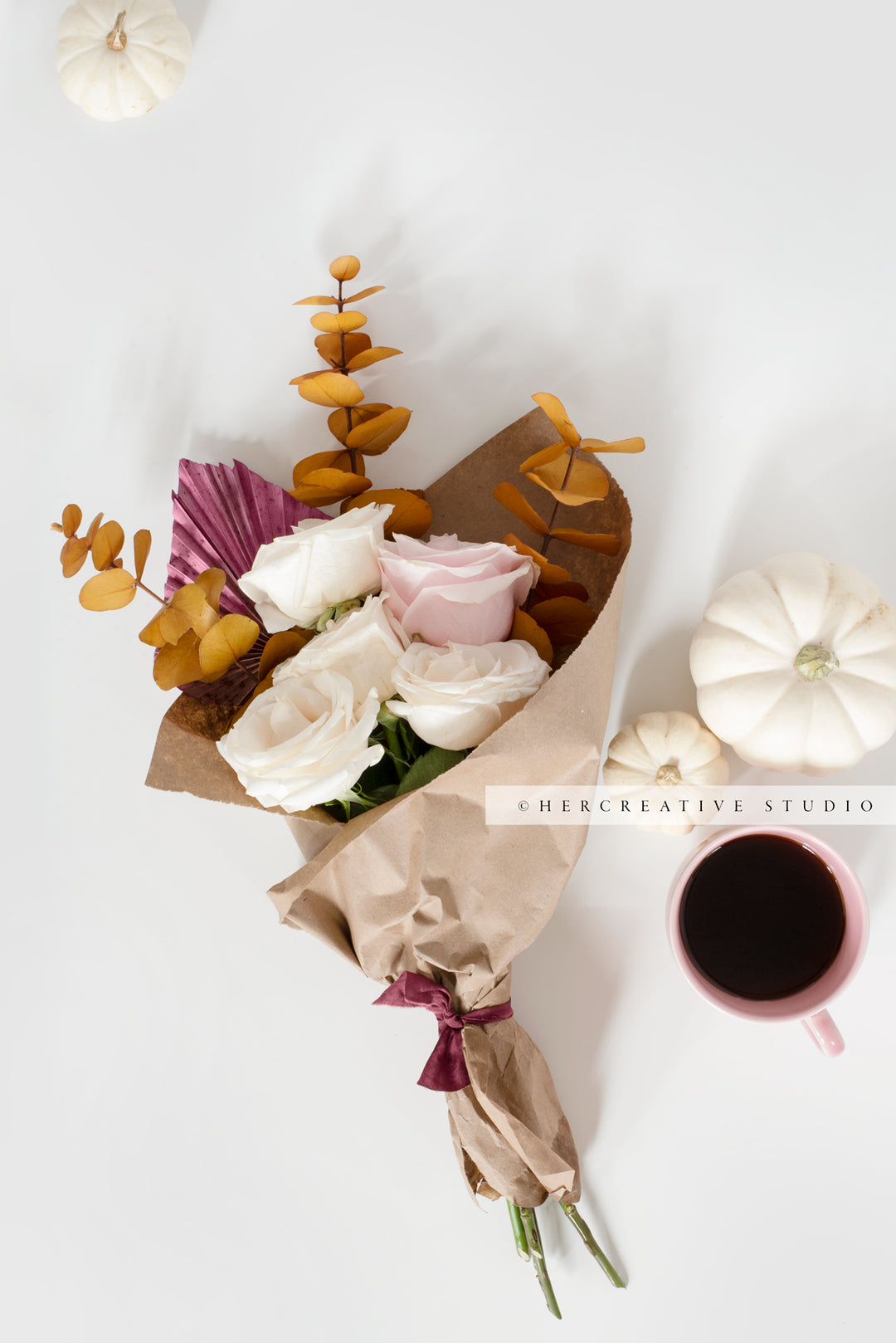 Pumpkins, Coffee & Bouquet of Fall Flowers. Digital Stock Image.