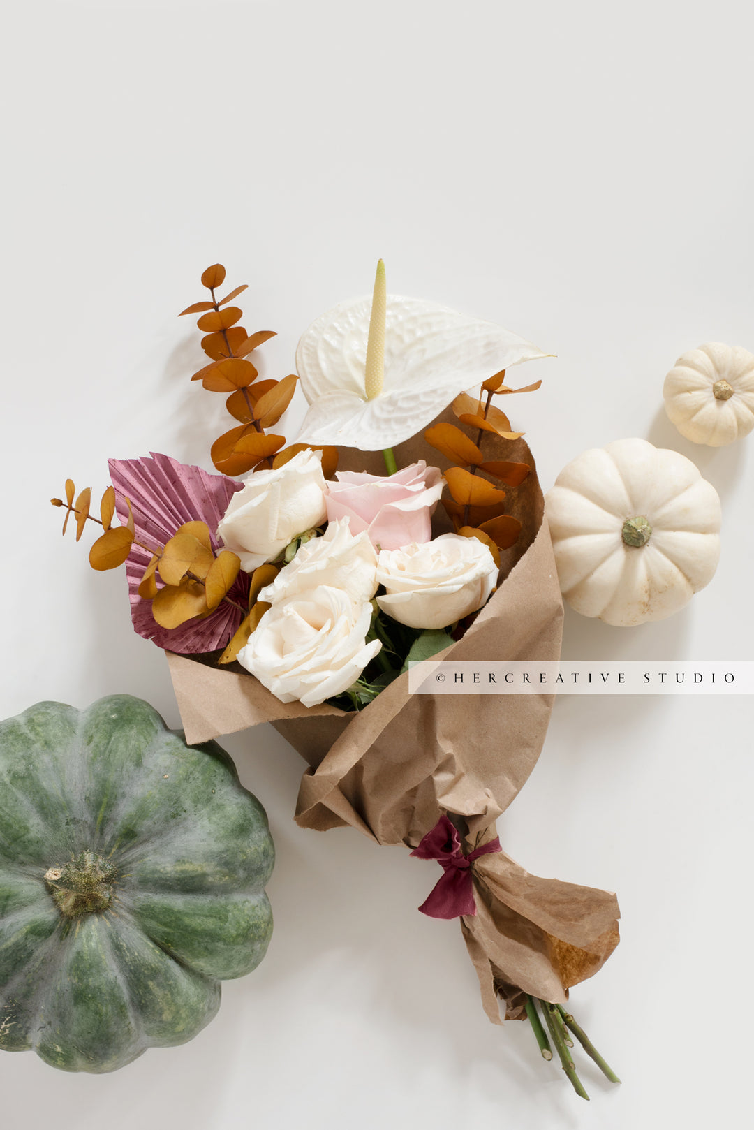 Pumpkins & Bouquet of Flowers. Digital Stock Image.