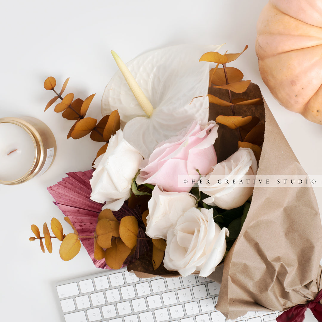 Pumpkins, Candle & Bouquet of Flowers. Digital Stock Image.