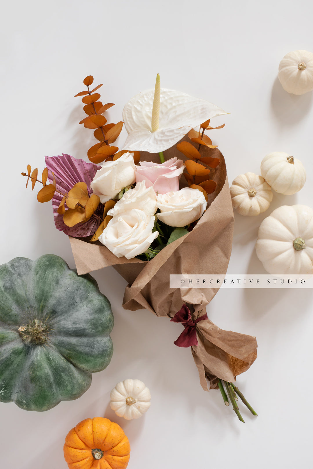 Pumpkins & Bouquet of Fall Flowers. Digital Stock Image.