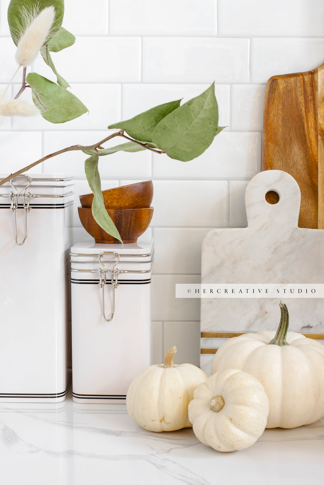 White Pumpkins in Kitchen. Digital Stock Image.