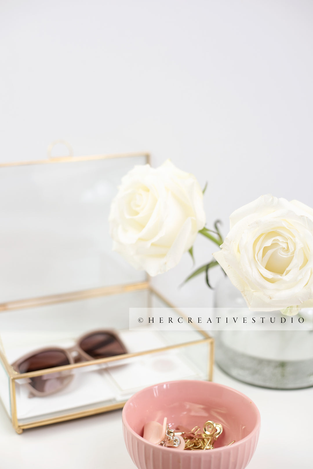 Roses, Sunglasses and Coral Bowl Styled Stock