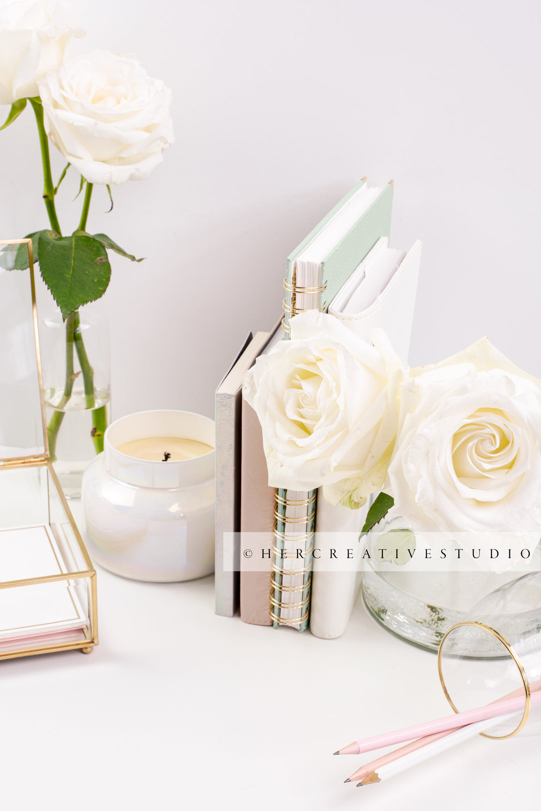 Roses with Iridescent Candle and Accessories