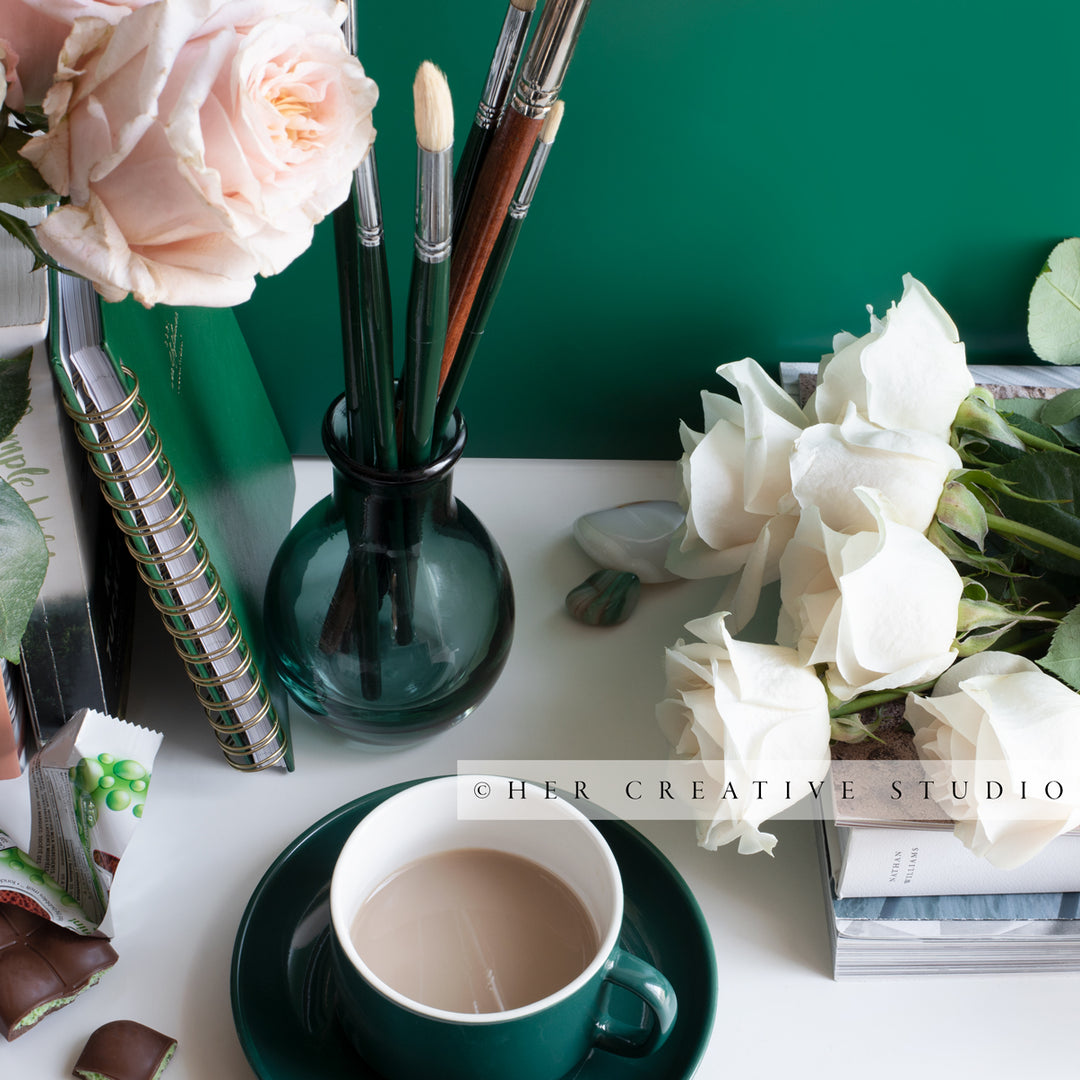 Coffee & Roses with Green Background, Styled Stock Image