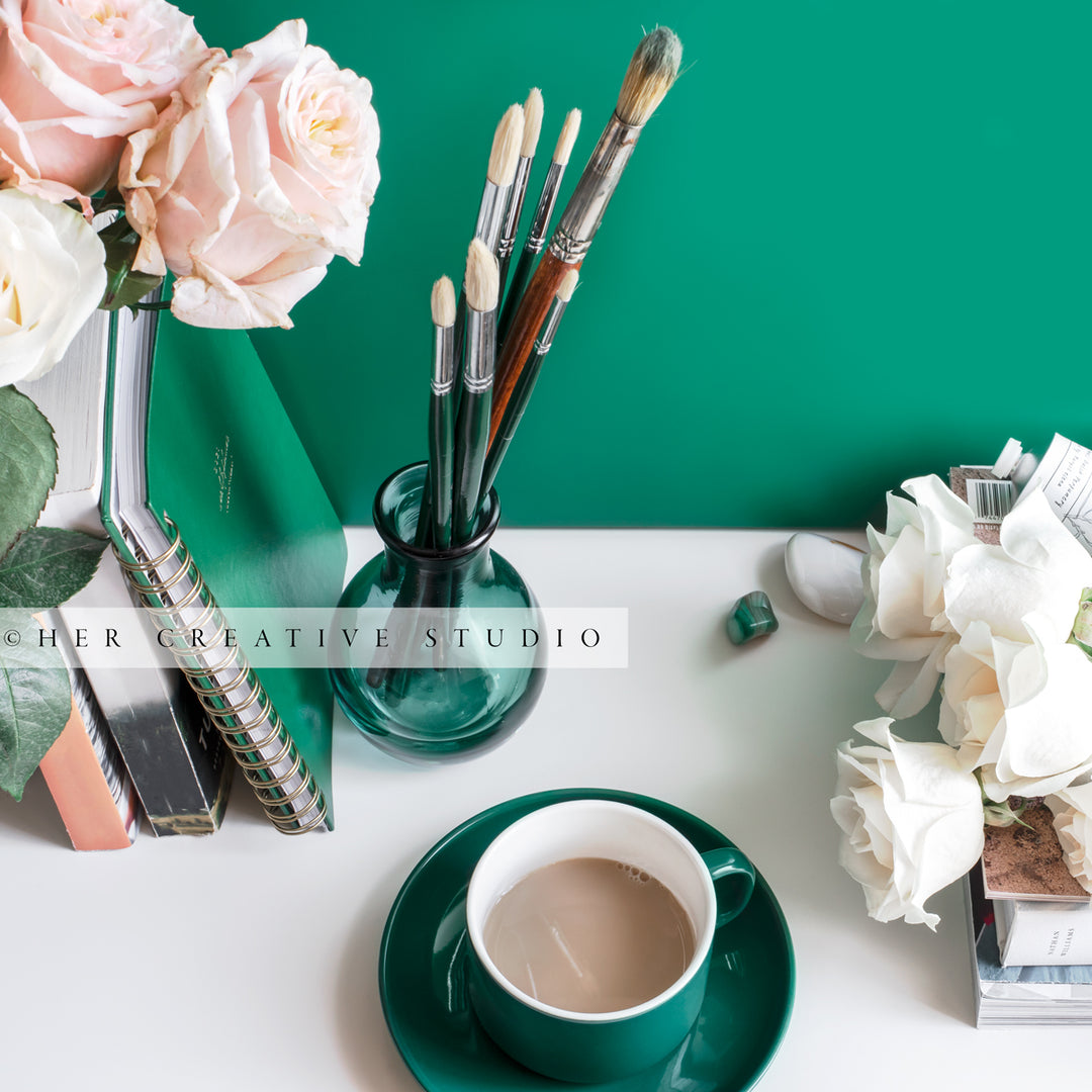 Coffee & Paintbrushes, Styled Stock Image
