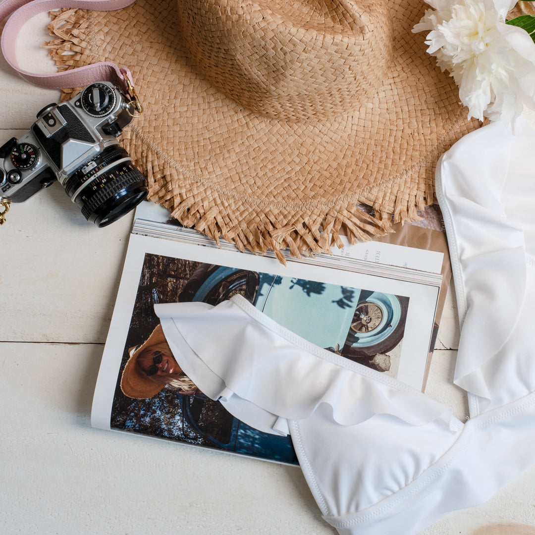 Sun Hat, Camera & White Peonies, Digital Image