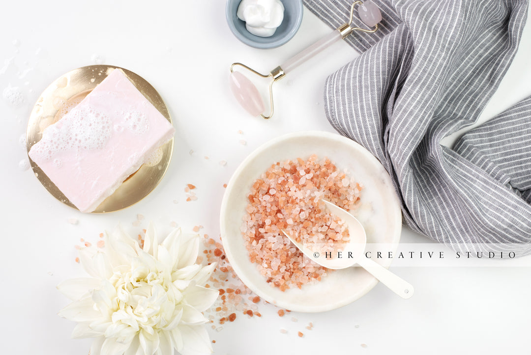 Pink Soap, Bath Salts & Dahlia, Styled Stock