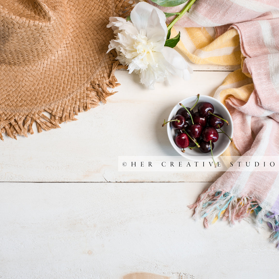Sun Hat, Cherries & White Peonies, Digital Image