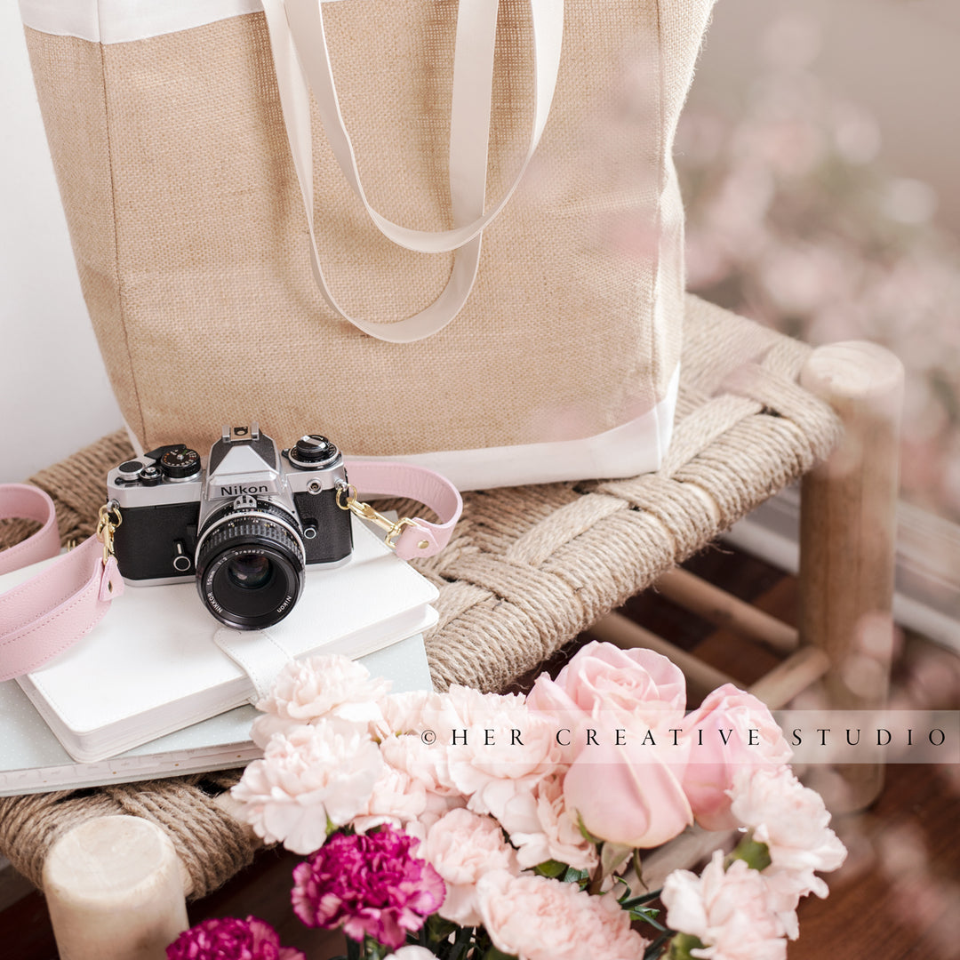 Camera, Tote & Flowers on Bench, Styled Image