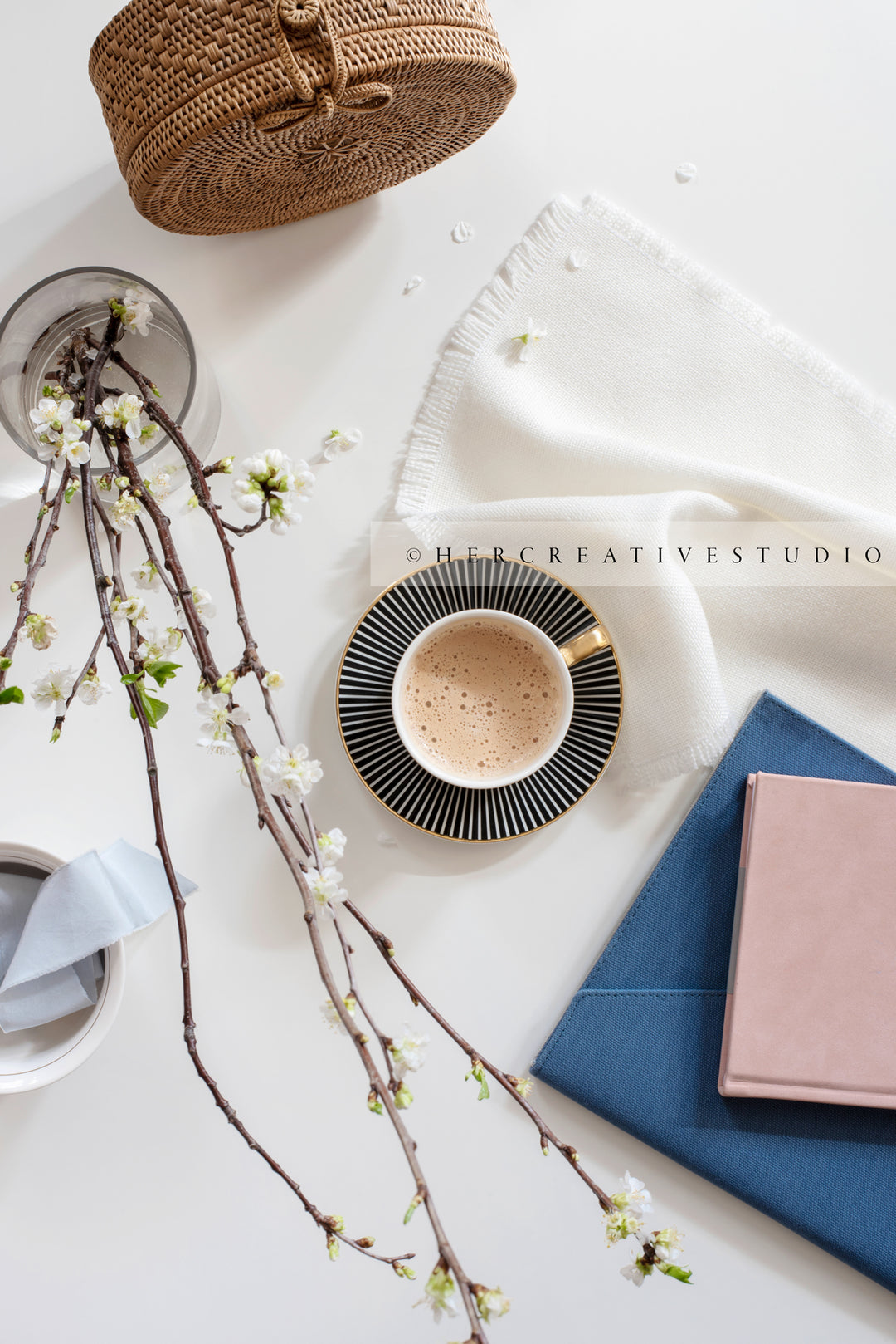Coffee, Notebooks & Blooming Twigs, Styled Image