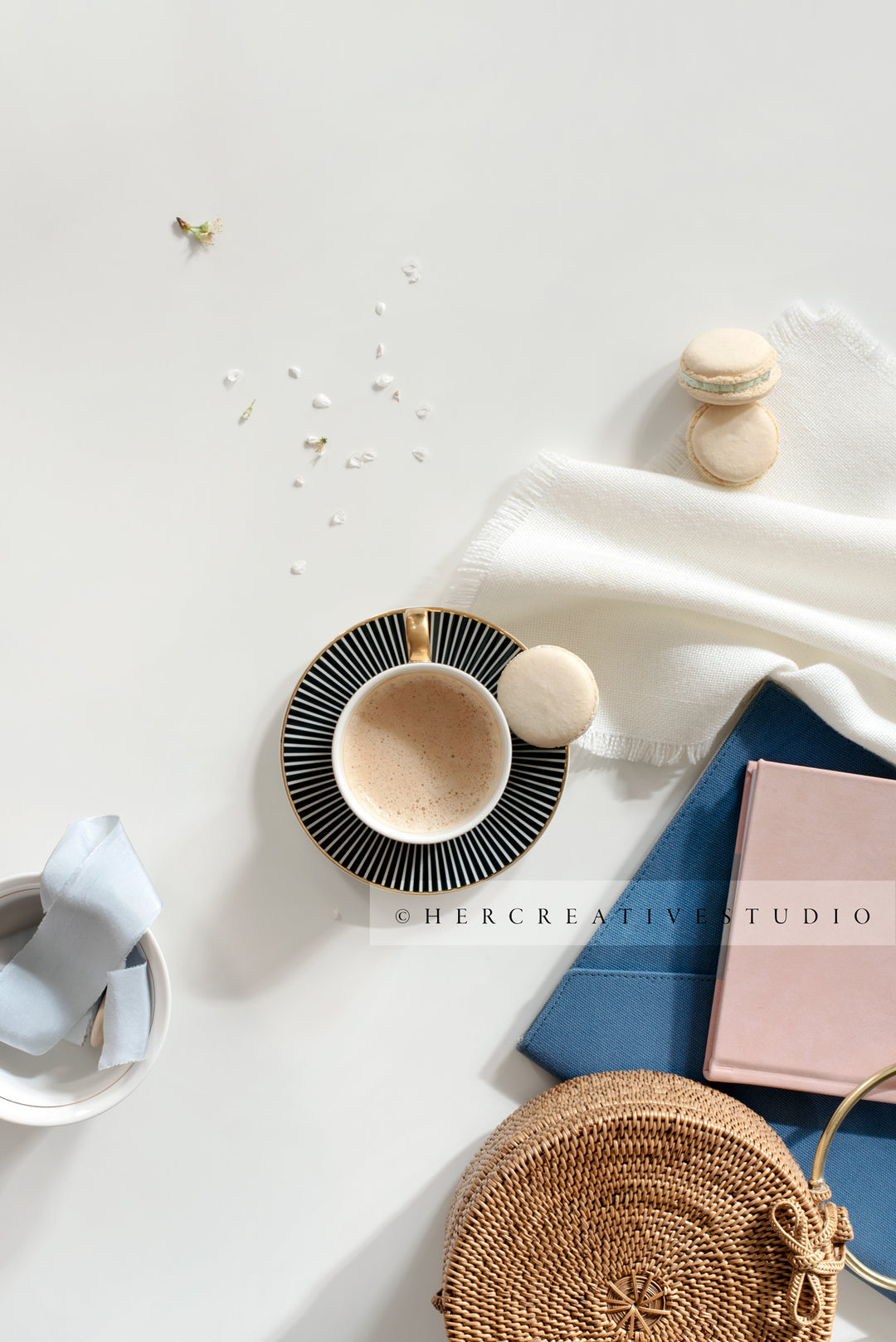 Coffee, Notebooks & Vanilla Macaroons, Styled Image