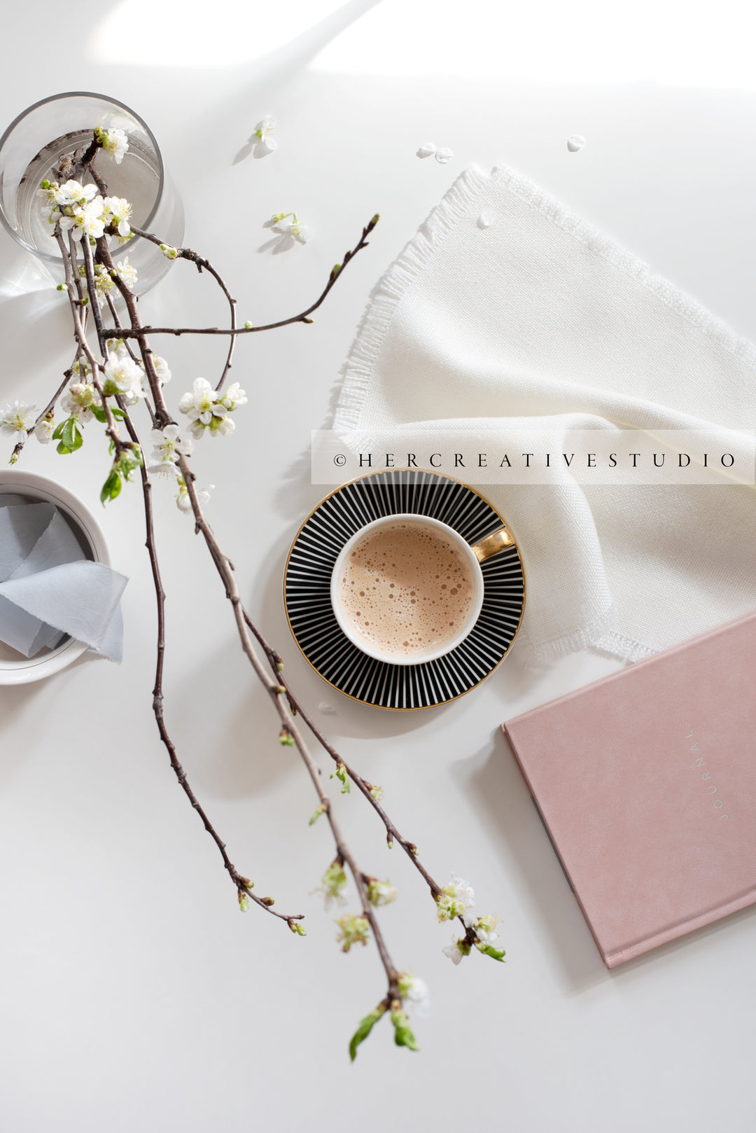 Coffee, Pink Notebook & Blooming Twigs, Styled Image
