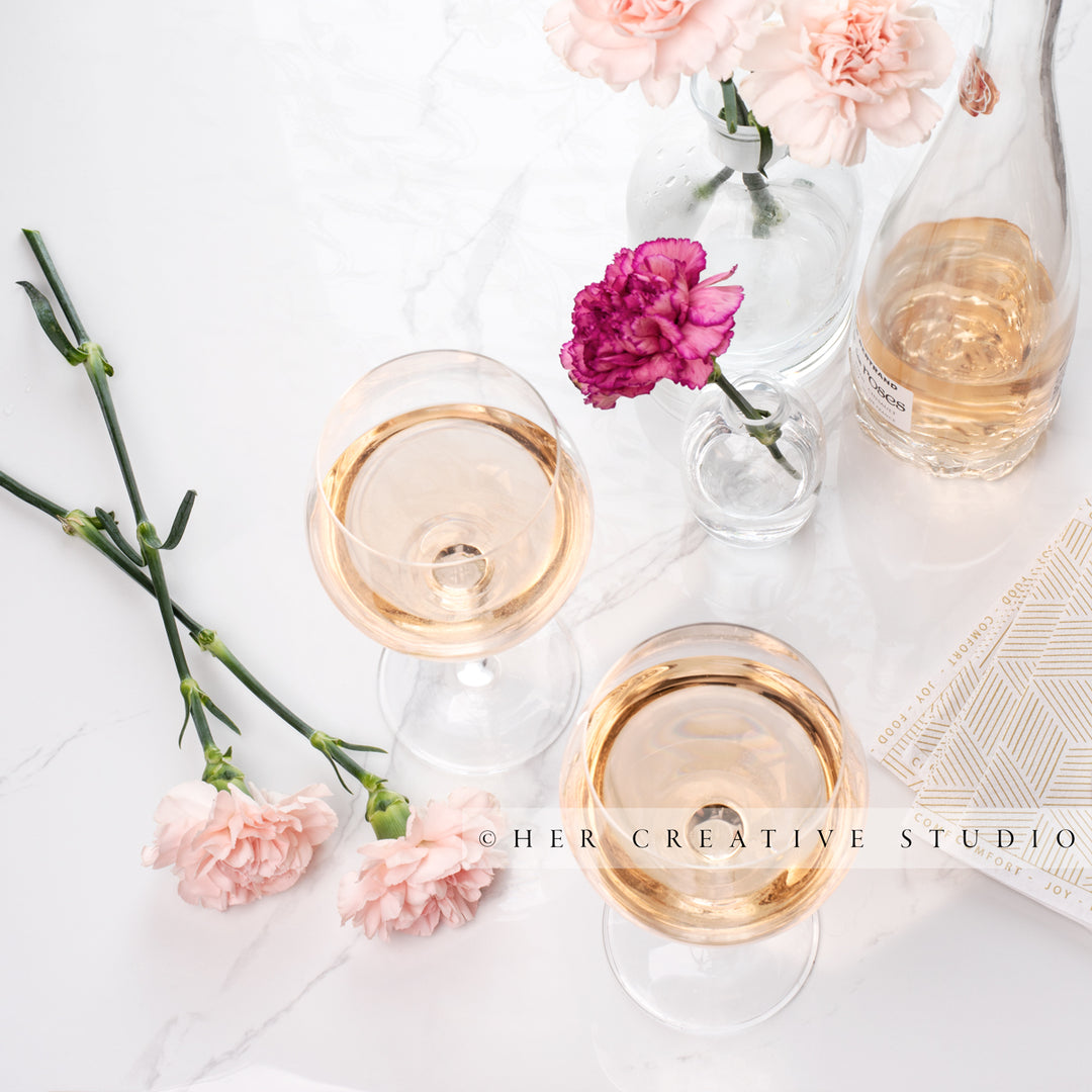 Wine and Carnations on Marble Background, Styled Image
