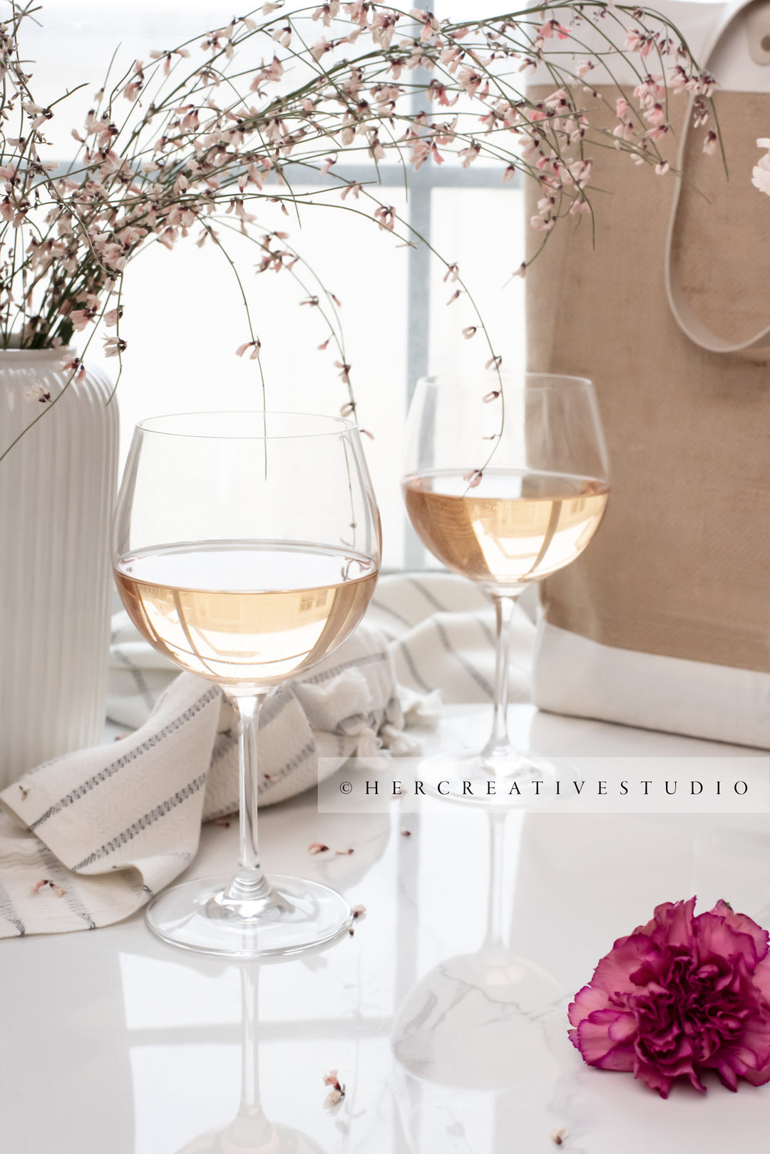Two Glasses of Wine and Carnation, Styled Image