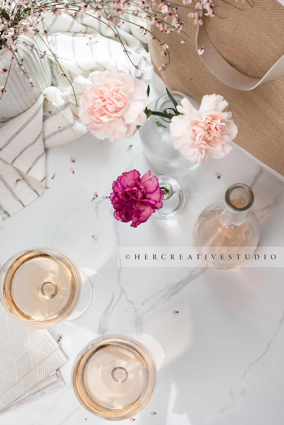Glasses of Wine and Carnations on Marble, Styled Image