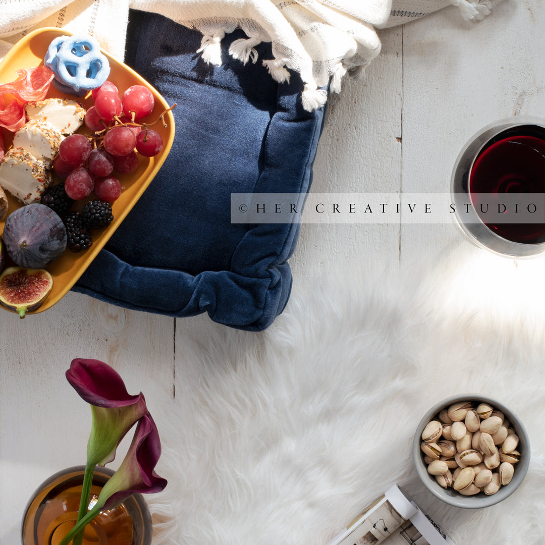 Cheese Plate, Red Wine & Calla Lilly, Styled Image