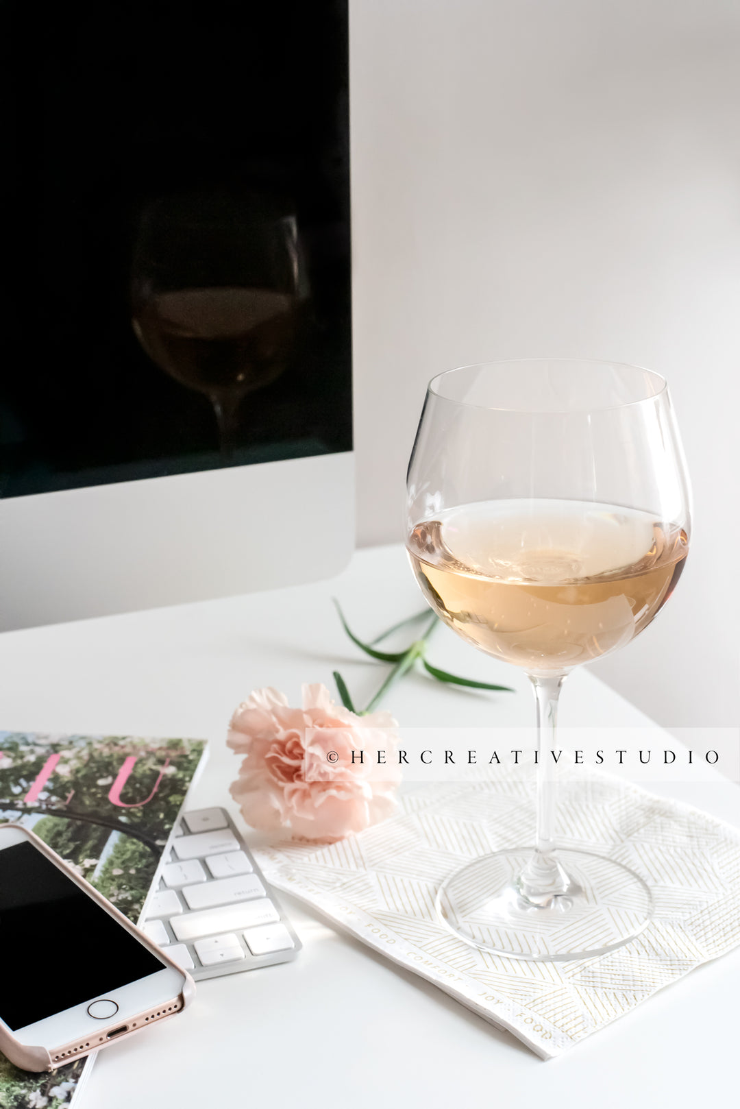 Glass of Wine on Workspace, Styled Image