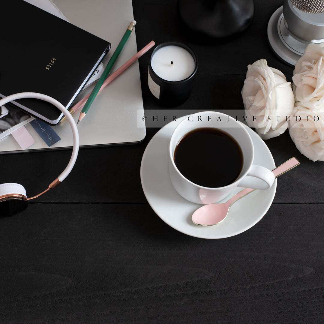 Coffee & Desk Accessories on Black Desk