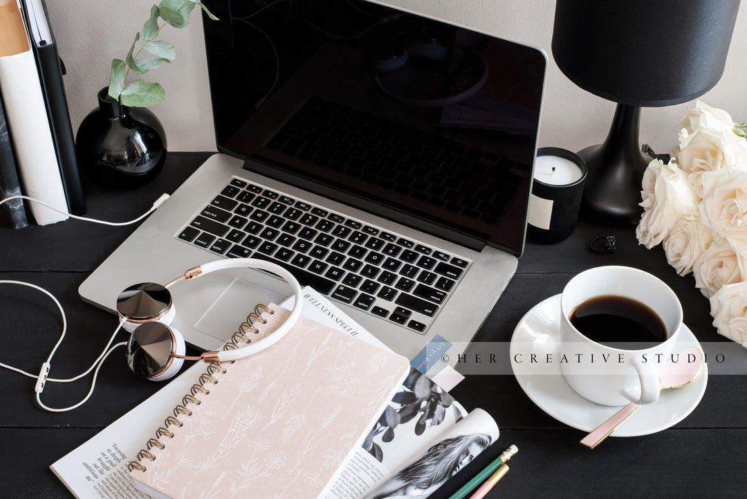 Laptop, Coffee & Headphones on Black Background
