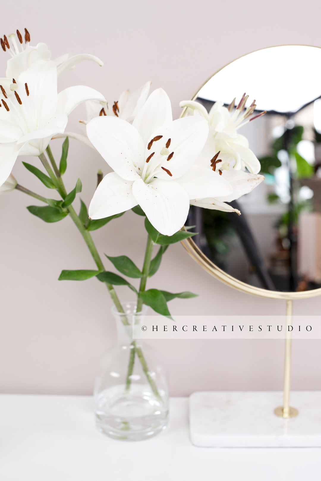 Lillies & Mirror on Table, Styled Stock