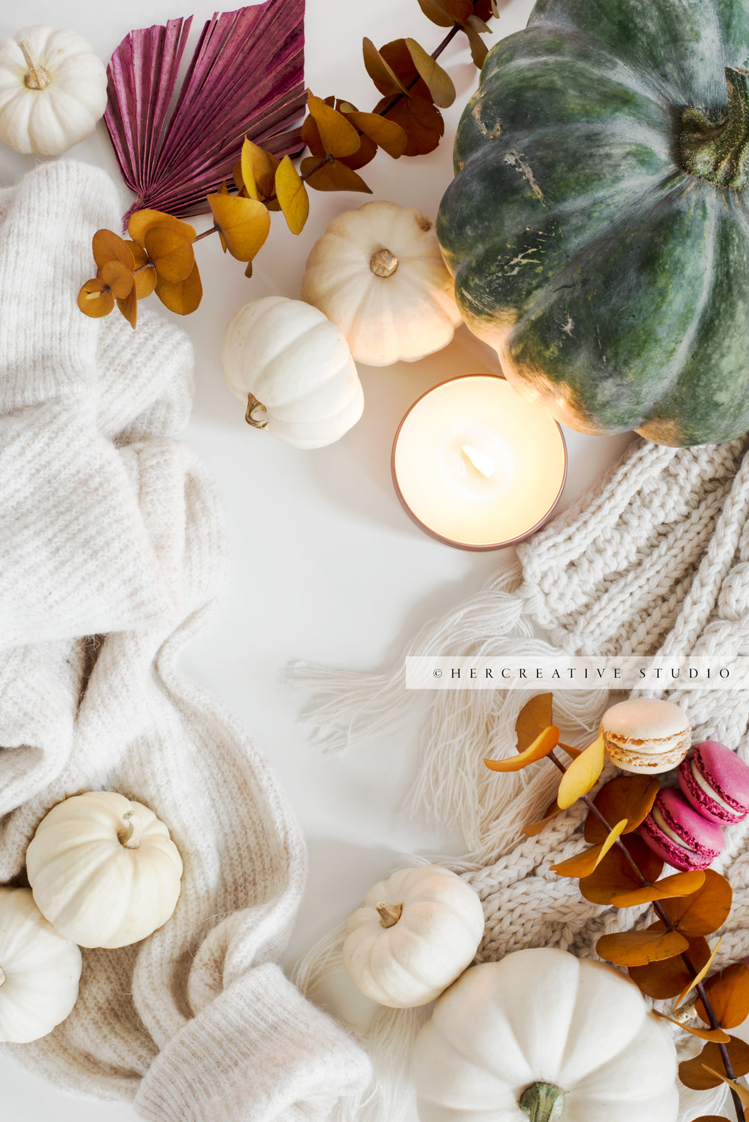 Candle, Macarons & Fall Pumpkins. Digital Stock Image.
